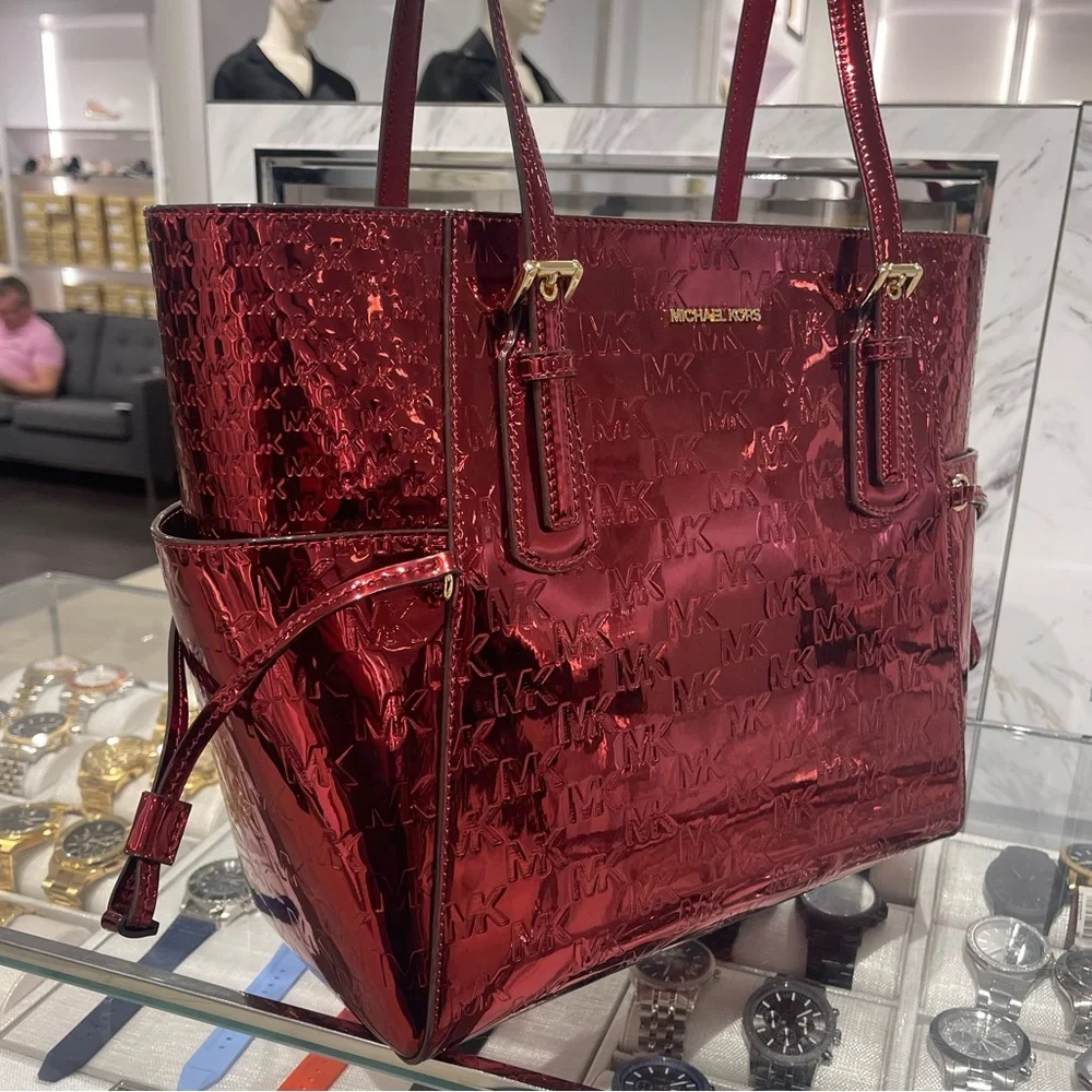 MICHAEL KORS Jet Set Extra-Small Metallic Logo Debossed Convertible TZ Tote Cher - Picture 4 of 16